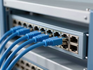 Close-up of a neatly organized network rack with blue ethernet cables plugged into a switch, bright clean office lighting, 35mm