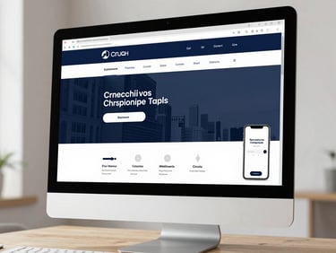 Desktop computer monitor displaying a professional blue and white website design with a mobile app preview.