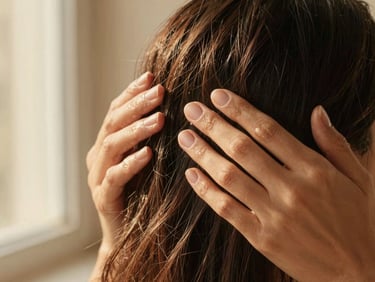 Close-up of hands gently applying a botanical protein mask to textured hair, sunlit, shallow depth of field