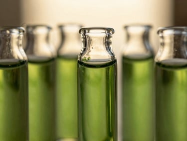 Macro shot of vibrant green botanical extracts in a clear glass vial, warm editorial lighting