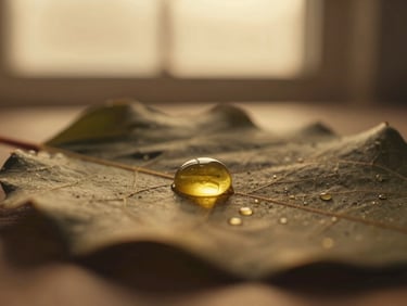 Macro shot of golden cold-pressed botanical oil droplets on a dark leaf, soft golden-hour light
