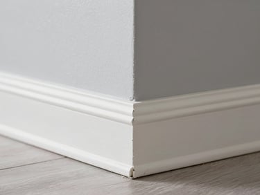 Close-up of a perfectly installed white baseboard meeting a flawless gray drywall surface, crisp lines, natural light