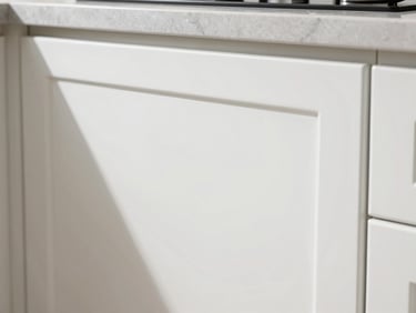 Close-up of freshly sprayed kitchen cabinet door with a flawless semi-gloss finish, bright natural light, architectural lens
