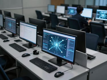 Close overhead shot of a government secure operations room, classified-system terminals glowing in cool blue-white ambient light, empty operator chairs, shallow depth-of-field isolating a single monitor displaying a network topology map