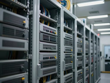 Wide environmental shot inside a telecommunications switching facility, rows of rack-mounted hardware under cold white fluorescent strip lighting, cable bundles running overhead, no personnel visible, shallow depth-of-field isolating a single chassis