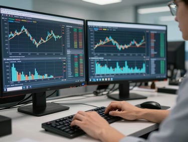 Tight medium shot of hands on a keyboard in a financial operations center, dual monitors displaying transaction-flow graphs and anomaly alerts, cool flat ambient office lighting, shallow focus on the active screen