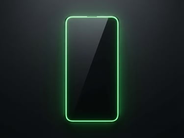 Sleek 3D render of a clean Android device mockup, front-on alignment, glowing neon green edges, dark charcoal background, high-contrast studio lighting