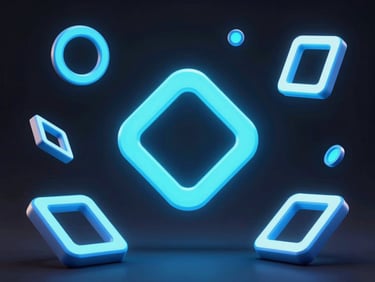 Sleek 3D render of neon-glowing game assets, floating geometric shapes, electric blue accents, dark background, high contrast