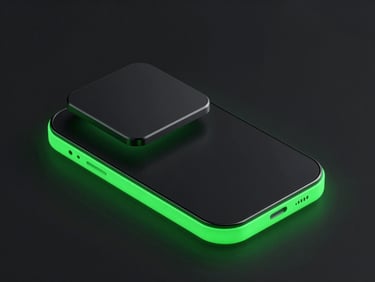 Sleek 3D render of a clean Android interface mockup, neon green edge-glow, dark background, geometric composition