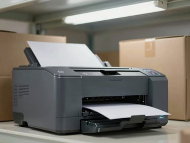 Close-up of a laser printer on a warehouse shelf, paper tray open, fluorescent overhead lighting, cardboard boxes stacked behind it