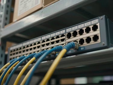 Overhead close-up of network switches and patch cables on a metal shelf, ports labeled, warehouse ambient light, no people