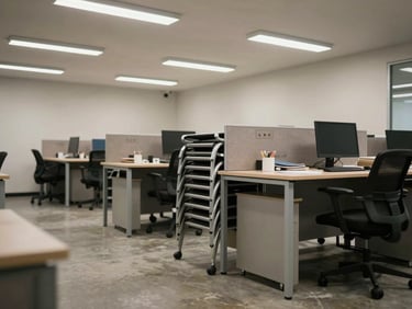 Wide shot of stacked office desks and chairs in a cleared-out office space, fluorescent overhead light, concrete floor visible