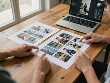 Overhead close-up of a long wooden agency table — printed content mockups and printed social media grids laid flat, two pairs of hands pointing at layouts, an open laptop showing photo editing in progress, warm daylight from a window to the left, no faces visible, candid and purposeful