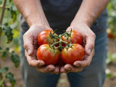 Farmer hands cradling a cluster of small heirloom tomatoes just harvested, natural daylight from the left side, soil visible on fingertips, soft green foliage blurred behind