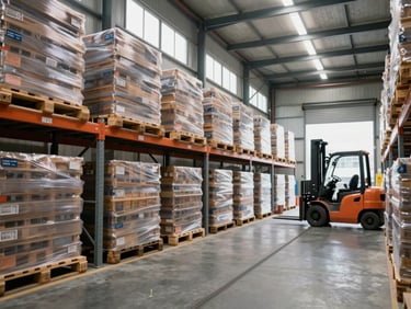 Wide shot of a logistics warehouse interior with pallets stacked on metal shelving, forklift tracks visible on the concrete floor, overcast natural light through high clerestory windows, no posed workers