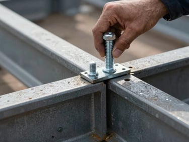 Primer plano técnico de una unión abulonada de alta resistencia en una estructura de acero, iluminación natural de obra, enfoque preciso en los pernos.