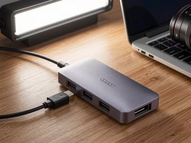 A compact USB-C multiport hub resting on a wooden desk beside a laptop, studio strobe overhead showing all ports clearly — HDMI, USB-A, SD card slot visible, no hands, crisp shadows