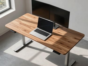 Flat overhead shot of a standing desk with a wooden surface in the raised position, a laptop and external monitor on it, bright daylight from a window to the left casting a long shadow across the surface; no person, clean studio environment