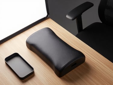 Overhead flat-lay of an ergonomic office chair armrest detail and a small desk organiser tray on a light wood surface, broad studio softbox lighting from above-left, crisp shadows, product material and stitching visible