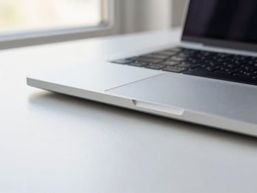 Close-up detail of a compact laptop trackpad and keyboard edge resting on a clean desk surface, bright diffused daylight from a window at left, shallow depth showing key texture and aluminium finish, no hands, no clutter