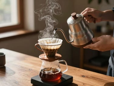 Hands pouring hot water from a gooseneck kettle into a pour-over coffee dripper on a wooden desk, warm daylight from a side window, steam visible, focus on the controlled pour arc