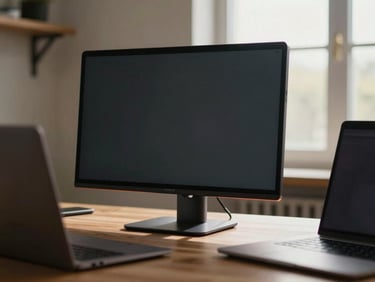 A portable monitor propped upright on a desk in a real home-office environment, warm daylight from a window to the right illuminating the screen bezel and kickstand — laptop visible partially in foreground for scale context