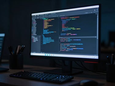 Macro shot of a high-end physical workspace at night, single sleek monitor displaying clean code and analytics, low-key dramatic blue side-lighting, deep shadows