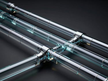 Abstract 3D render of structured glass and chrome pipelines representing data flows, dark obsidian background, sharp reflective highlights, low-key lighting, 16:9 landscape aspect.