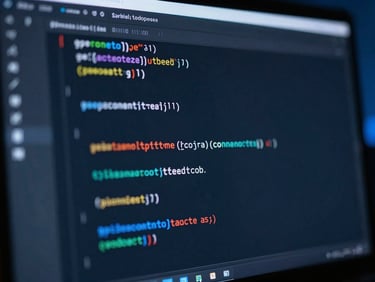 Extreme close-up of a dark-mode code interface on a curved screen, soft blue ambient light, shallow depth of field, technical authority.