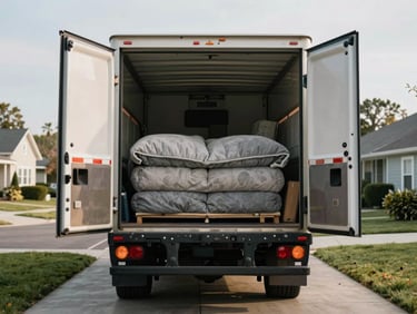 Wide shot of a moving truck parked in a residential driveway, rear doors open, padded furniture blankets stacked neatly inside the cargo area, late-morning daylight, suburban street in the background