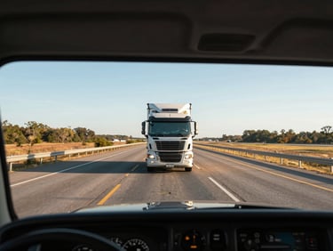 Driver-eye-level view through the windshield of a cab-over truck on an interstate highway, wide road ahead, late-afternoon sun casting long shadows across the asphalt, dashboard gauges visible at the bottom edge