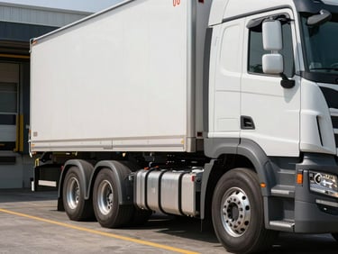 Close environmental shot of a Royal Salkey semi-truck cab at a loading dock, driver inspecting the cargo doors under natural daylight, tie-down straps visible in the foreground, concrete dock floor