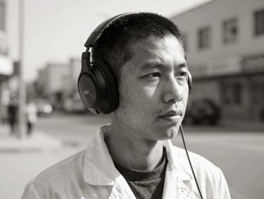 Close-up black and white portrait of a researcher with headphones, looking thoughtful, raw urban background, high contrast.