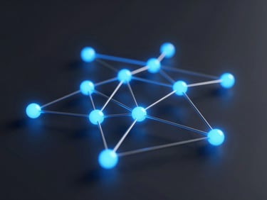 Abstract 3D render of interconnected network nodes glowing with electric blue light against a deep charcoal background, clean geometric lines