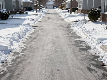 Wide shot of a fully cleared residential driveway after a snowstorm, clean pavement visible, snow piled neatly to the sides, bright morning daylight, no people
