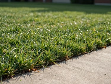 Close-up ground-level shot of a freshly edged lawn border against a concrete driveway seam in clear morning light — blade-sharp grass line, no equipment, no people, detail of the edge finish visible