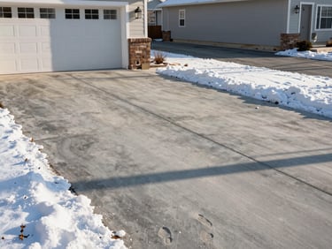 Environmental wide shot of a cleared residential driveway in cold morning light, clean concrete visible from garage door to street, light snow packed at the edges, no footprints on the surface