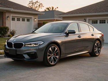 Wide shot of a fully detailed car parked in a clean residential driveway, gleaming bodywork under golden morning light, both exterior and windows spotless, shot at mild angle showing full vehicle length