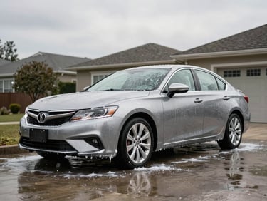 Wide environmental shot of a freshly hand-washed sedan in a residential driveway under bright overcast daylight, clean wet surface reflecting the sky, no people visible