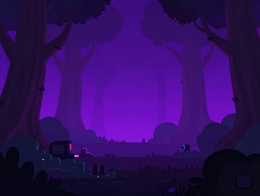 Atmospheric adventure indie game screenshot, glowing neon purple lighting, mysterious dark forest