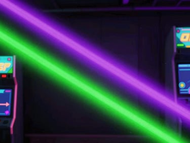 Fast-paced arcade style neon shooter game screenshot, vibrant electric purple and toxic green laser beams