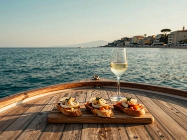 Fresh Italian aperitivo served on a wooden boat deck, Tropea onion bruschetta and white wine, golden hour sunset light