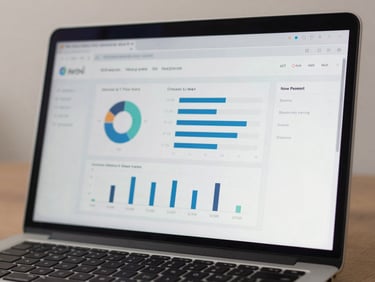 Close-up of a laptop screen showing a live website analytics dashboard in a dark browser tab, keyboard edge visible at bottom, bright neutral studio light, tight frame, no people