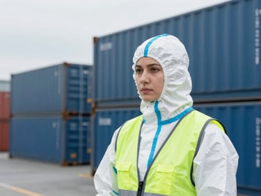 Portrait of a female operations manager on a logistics hub platform, wearing clean PPE, focused look, overcast daylight