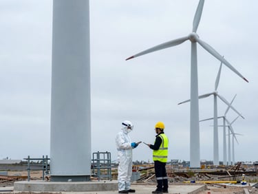 Industrial wind farm construction site under overcast daylight, a professional HSE consultant in high-spec clean PPE inspecting turbine foundations, muted steel blues, 35mm