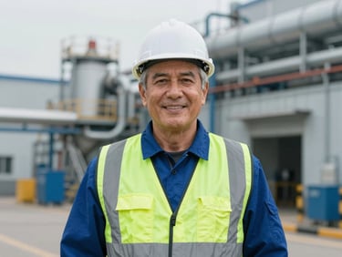 Portrait of a senior male safety engineer in clean industrial attire, smiling confidently, natural industrial background, 35mm