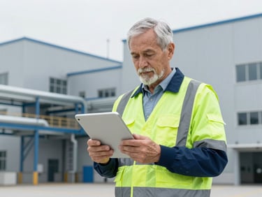 Portrait of a senior safety advisor holding a digital tablet, clean high-spec PPE, modern industrial facility background