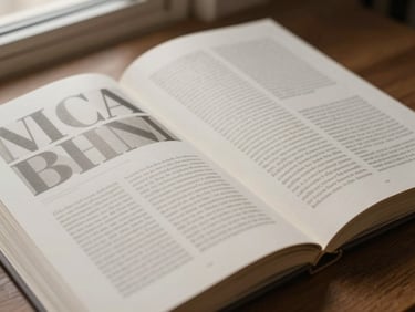 An open art monograph displaying structured typographic layouts on thick matte paper, warm indirect daylight highlighting the paper texture.