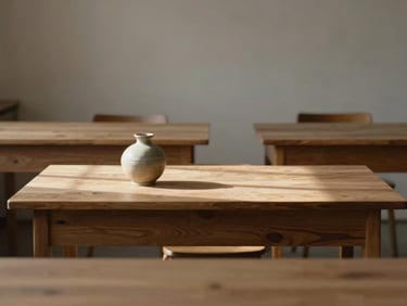 A quiet, warm creative studio interior with empty wooden desks, a single ceramic vase, and soft daylight casting long gentle shadows.