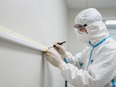 A professional technician wearing clean white branded protective gear and mask, applying a precise chemical barrier to a modern wall baseboard, bright professional lighting.